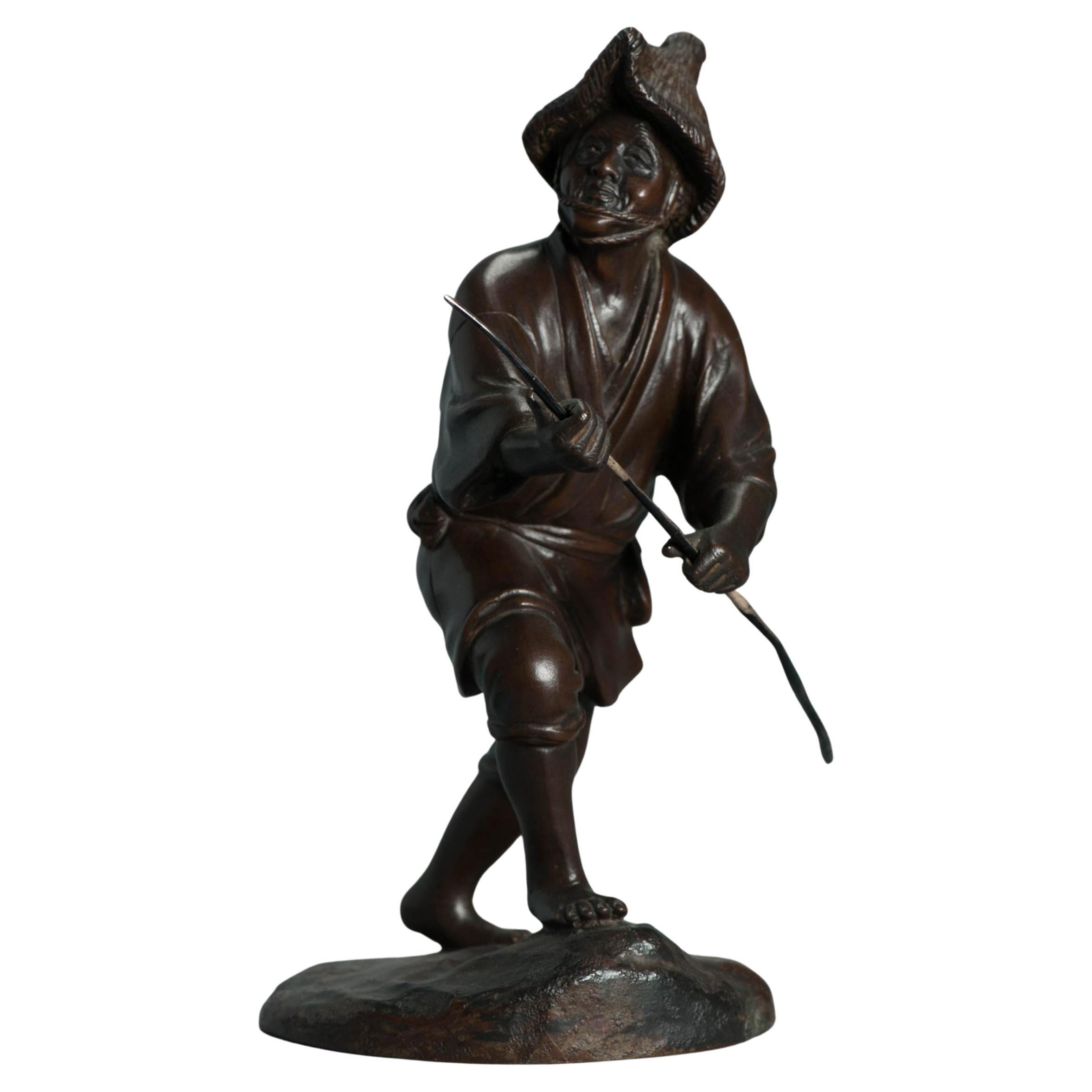 Antique Meiji 19th c Okimono Bronze Japanese Statue on Bronze base