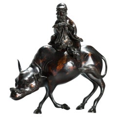 Antique Meiji 19th c Shou Lao on Ox Bronze Japanese Statue
