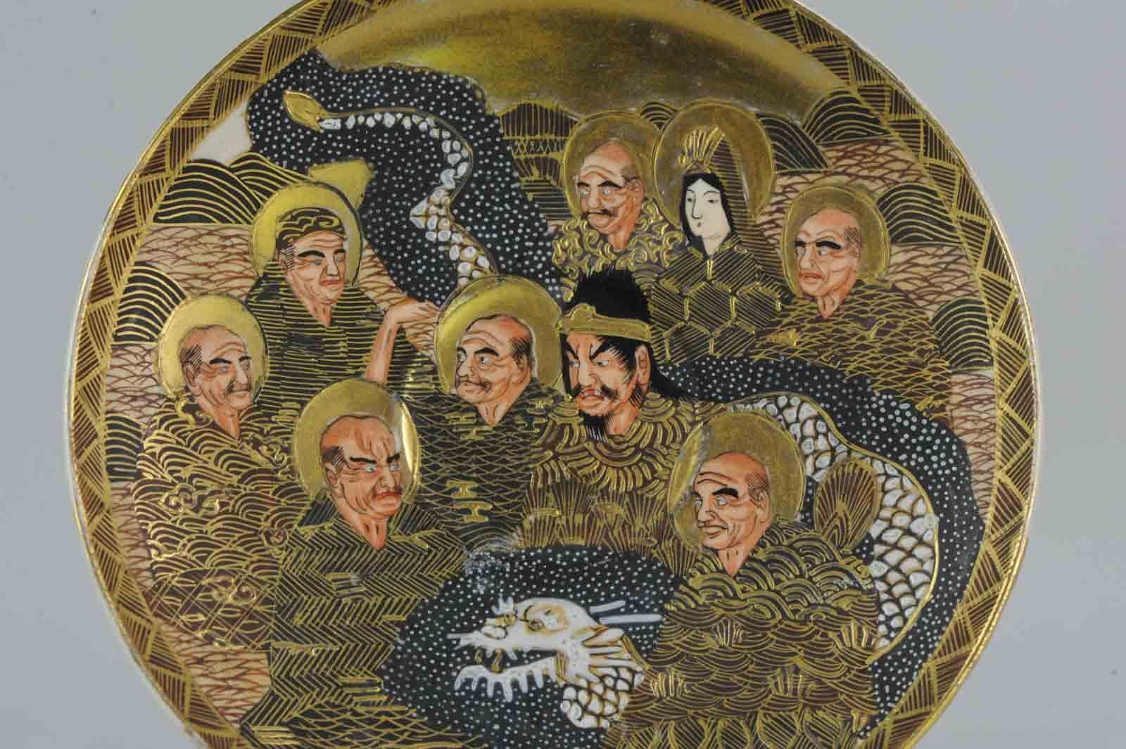 Antique Meiji 19th Century Japanese Satsuma Plate Immortal Figures Marked Base 4