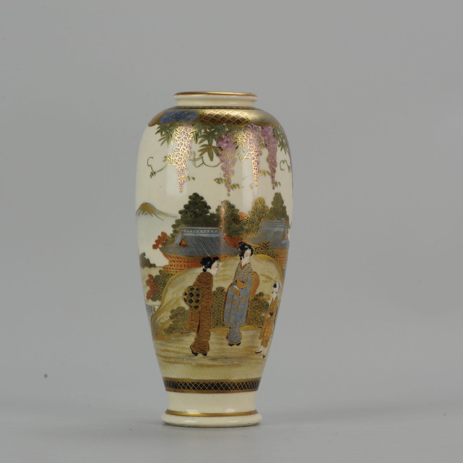 Earthenware Antique Meiji 19th Century Japanese Satsuma Vase Ladies Figures Marked Base