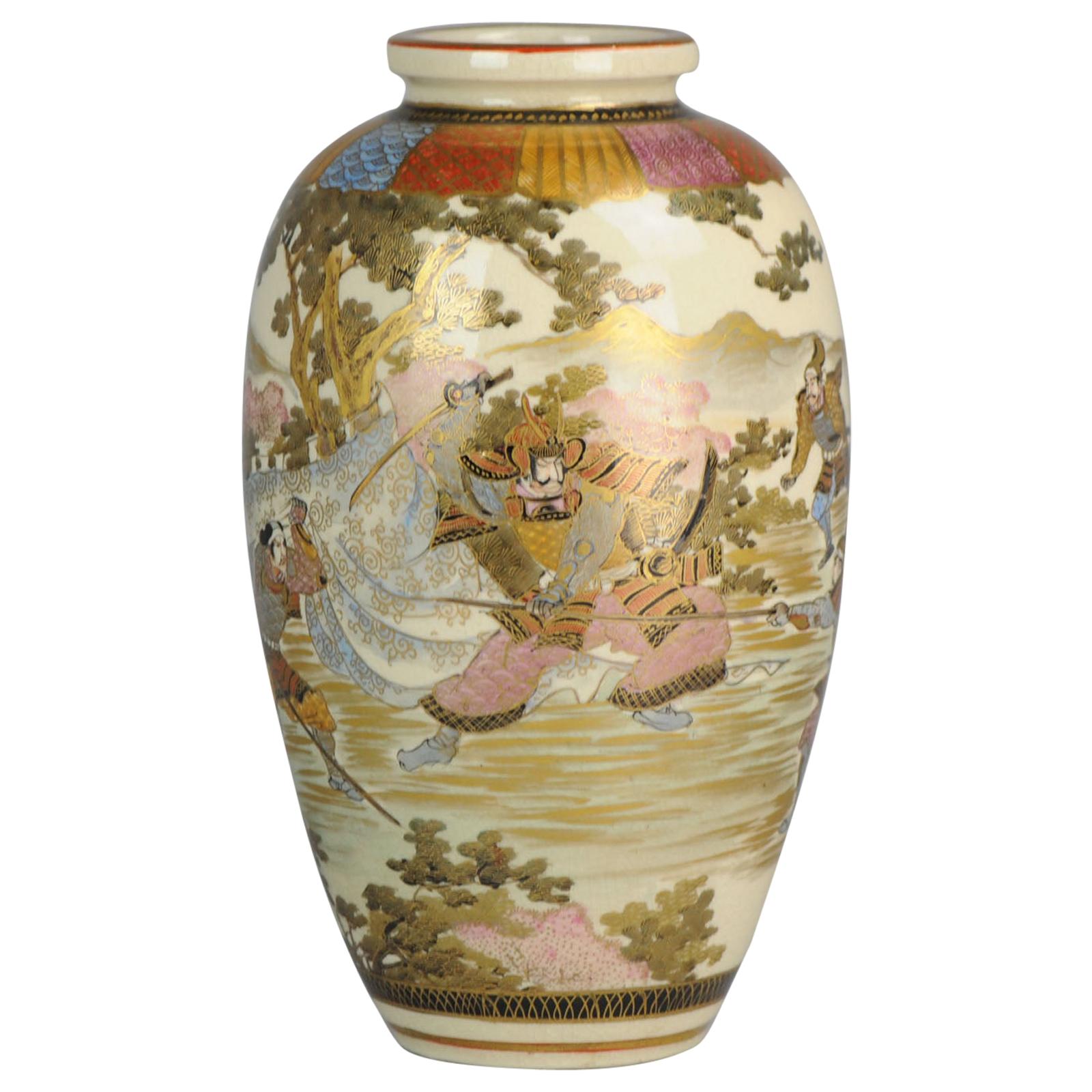 Antique Meiji 19th Century Japanese Satsuma Vase Warriors Figures Marked Base