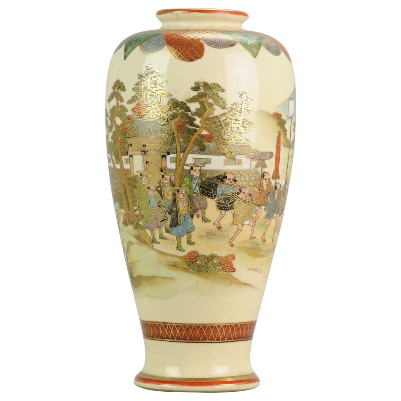 Antique Meiji 19th Century Japanese Satsuma Vase Warriors Figures Marked Base For Sale