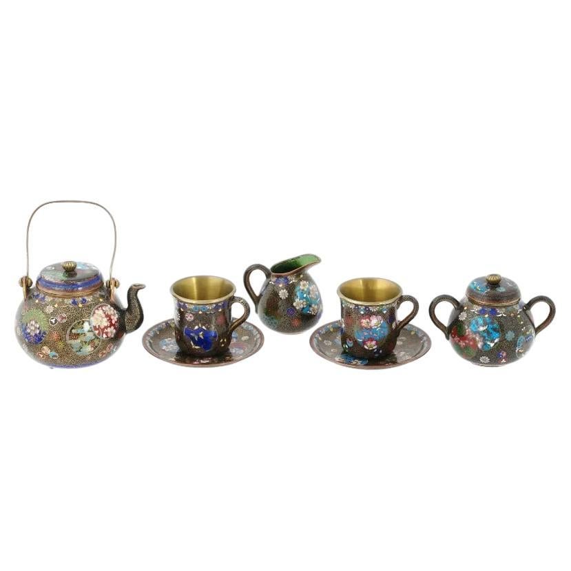 Antiguo Juego de Té de Esmalte Cloisonné Japonés de la Era Meiji