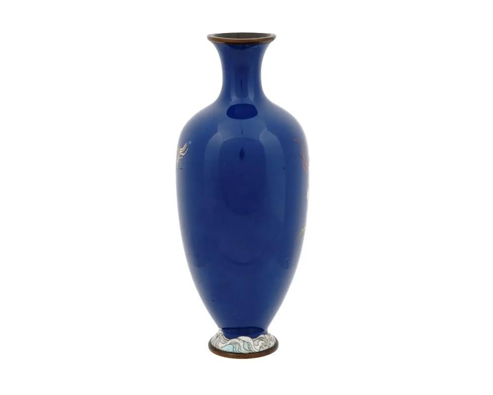 Cloissoné Antique Meiji Era Japanese Cloisonne Enamel Double Dragon Blue Vase