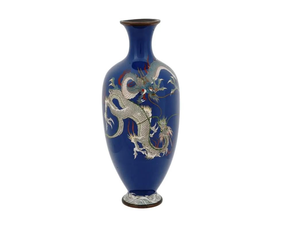 Antique Meiji Era Japanese Cloisonne Enamel Double Dragon Blue Vase In Good Condition In New York, NY