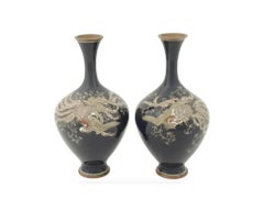 Large Pair of Antique Meiji Japanese Cloisonne Enamel Vases Birds of Paradise
