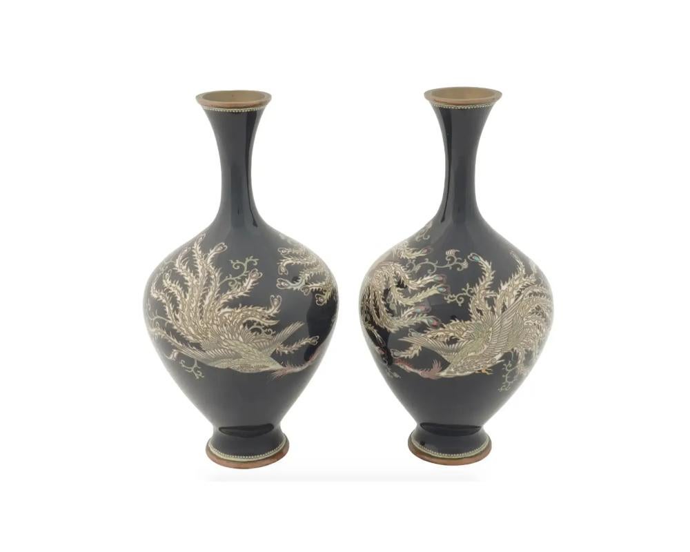 Cloissoné Large Pair of Antique Meiji Japanese Cloisonne Enamel Vases Birds of Paradise For Sale