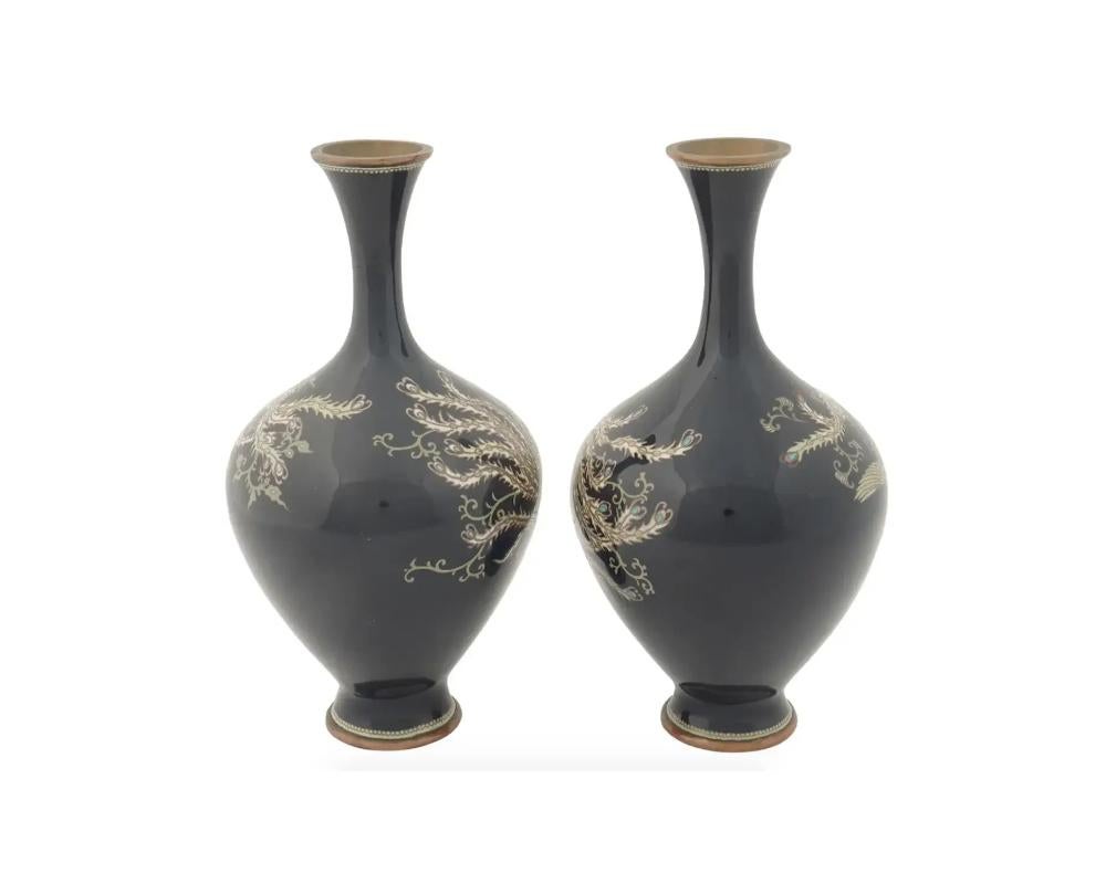 Cloisonné Grande coppia di antichi vasi giapponesi Meiji con smalto cloisonne Uccelli del Paradiso in vendita
