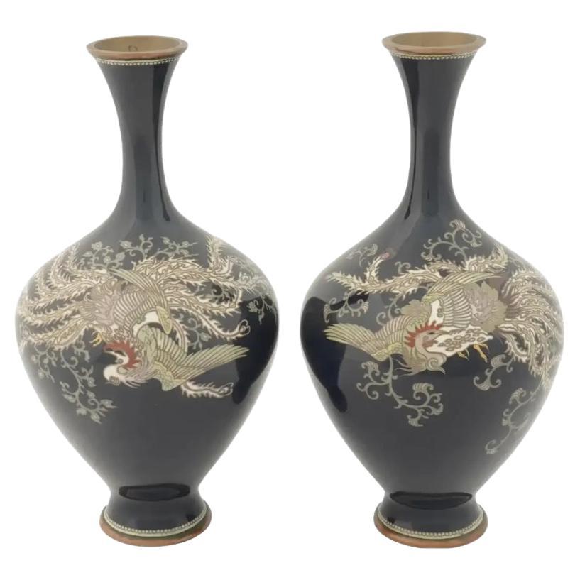 Large Pair of Antique Meiji Japanese Cloisonne Enamel Vases Birds of Paradise
