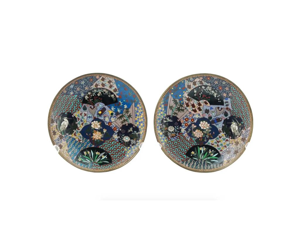 Cloissoné Pair of Antique Meiji Japanese Cloisonne Plates Geometric Patterns Floral Sprays For Sale