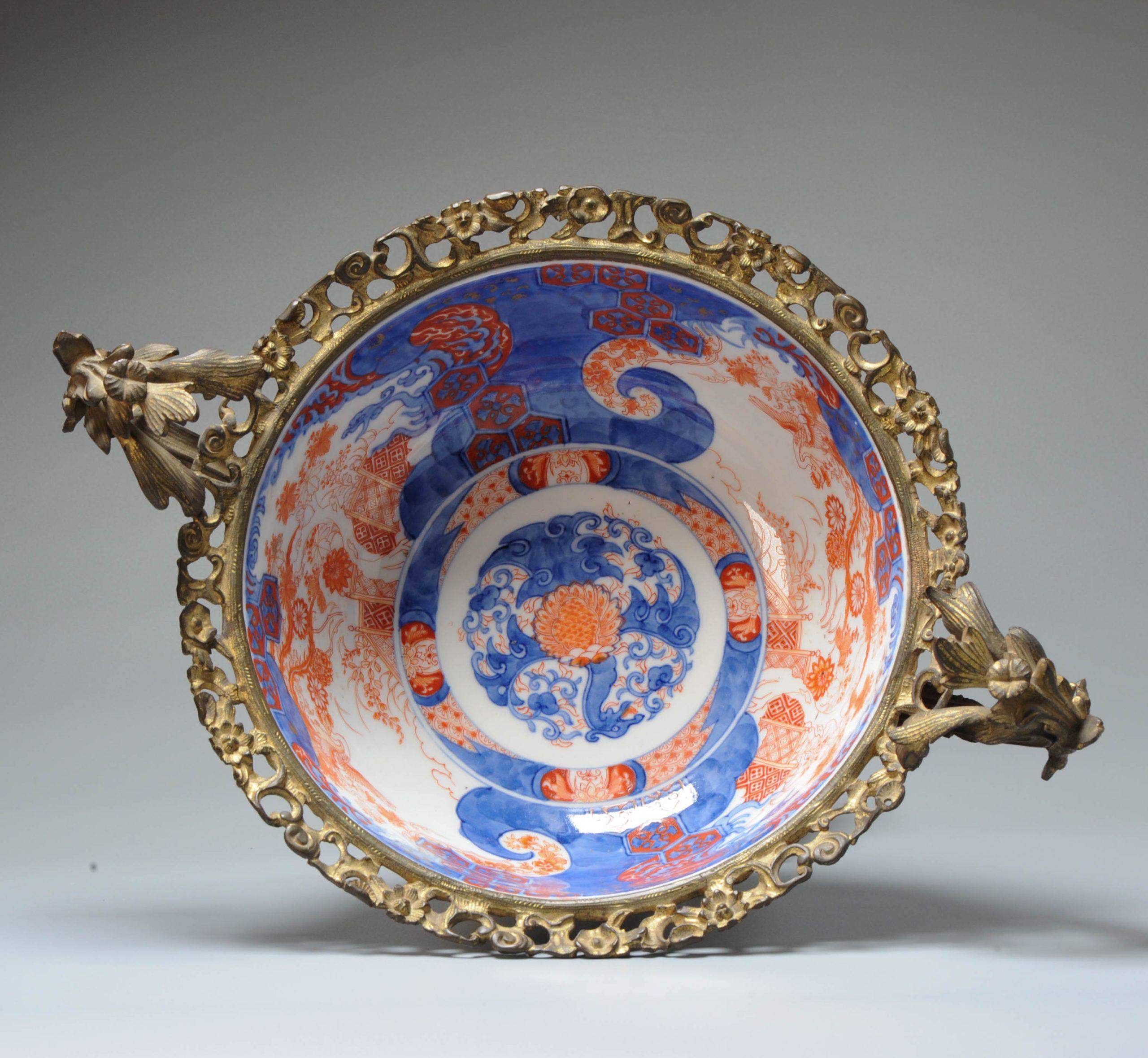 19th Century Antique Meiji Imari Japanese Porcelain Bowl Ormulu Mounted Phoenixes, 19/20th C  For Sale