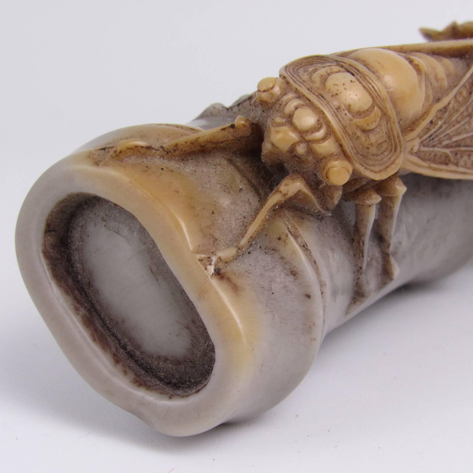 Antique Meiji Japanese Carved Hardstone Cricket on Bamboo In Good Condition In Concord, MA
