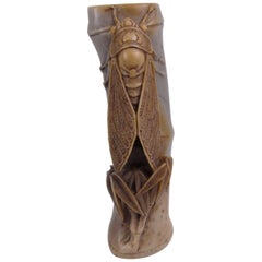 Antique Meiji Japanese Carved Hardstone Cricket on Bamboo