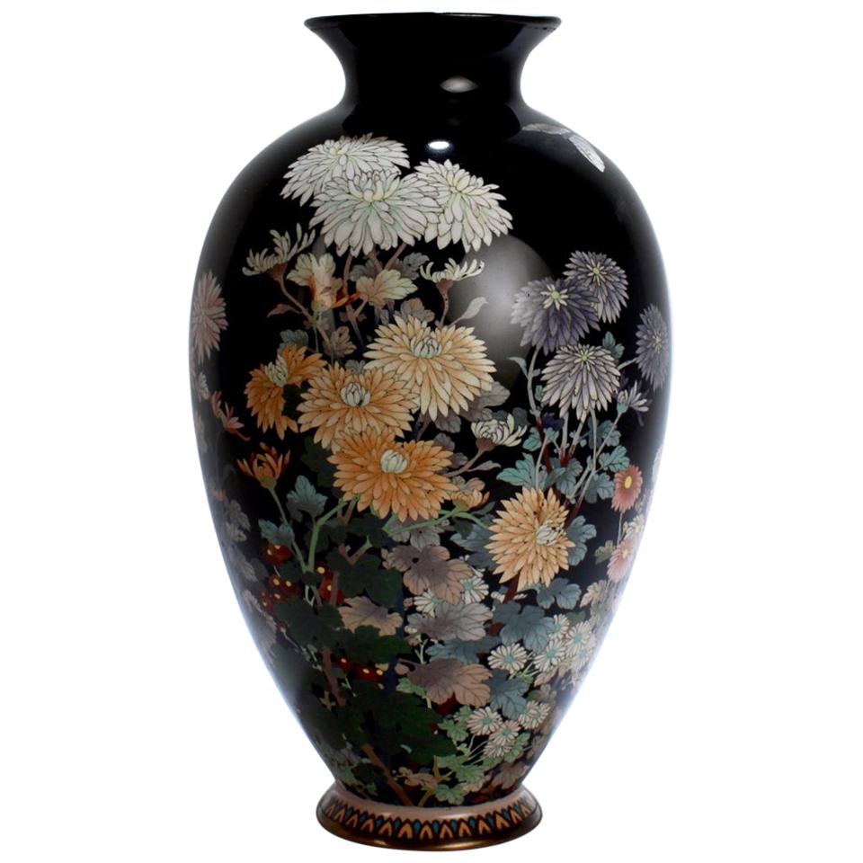 Antique Meiji Japanese Cloisonné Black Enamel Vase with Flowers and Butterflies