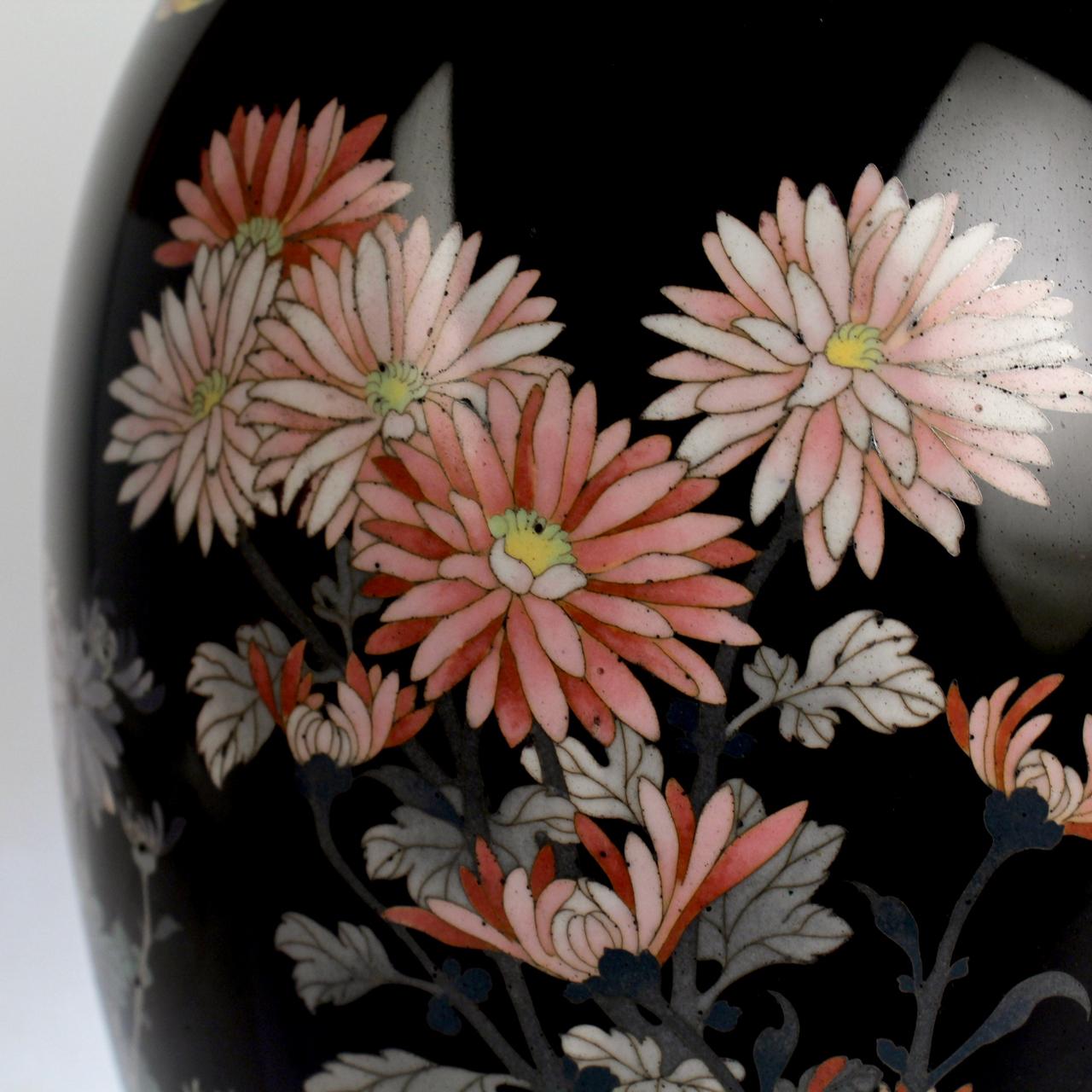 Antique Meiji Japanese Cloisonné Black Enamel Vase with Flowers and Butterflies 5