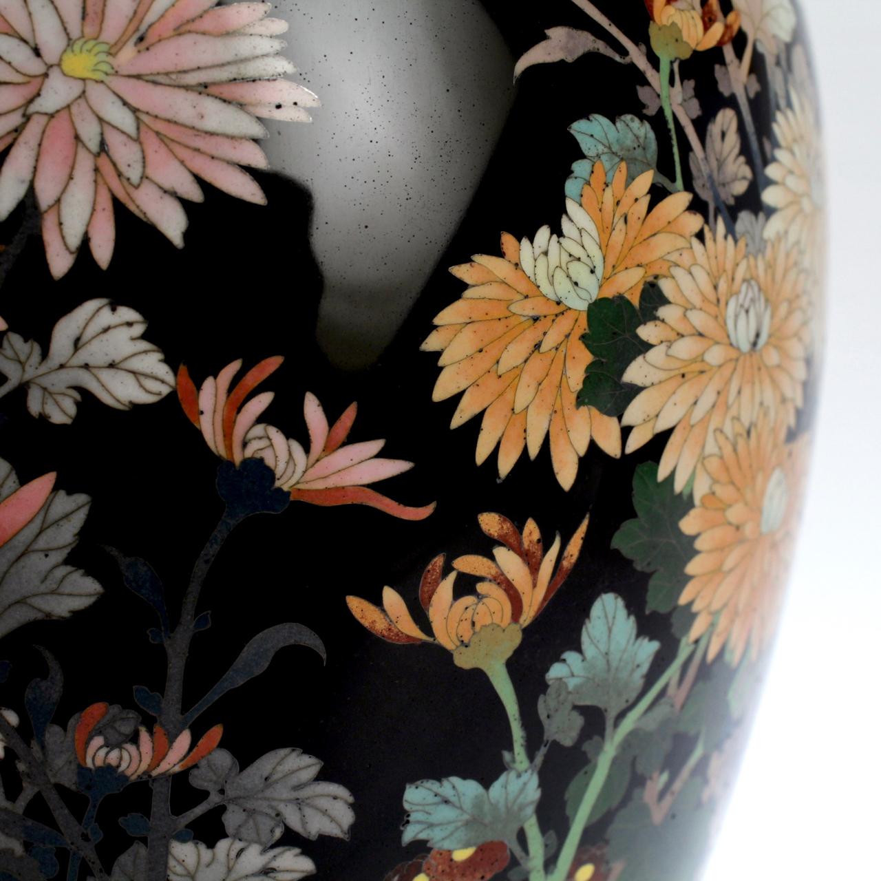 Antique Meiji Japanese Cloisonné Black Enamel Vase with Flowers and Butterflies 6