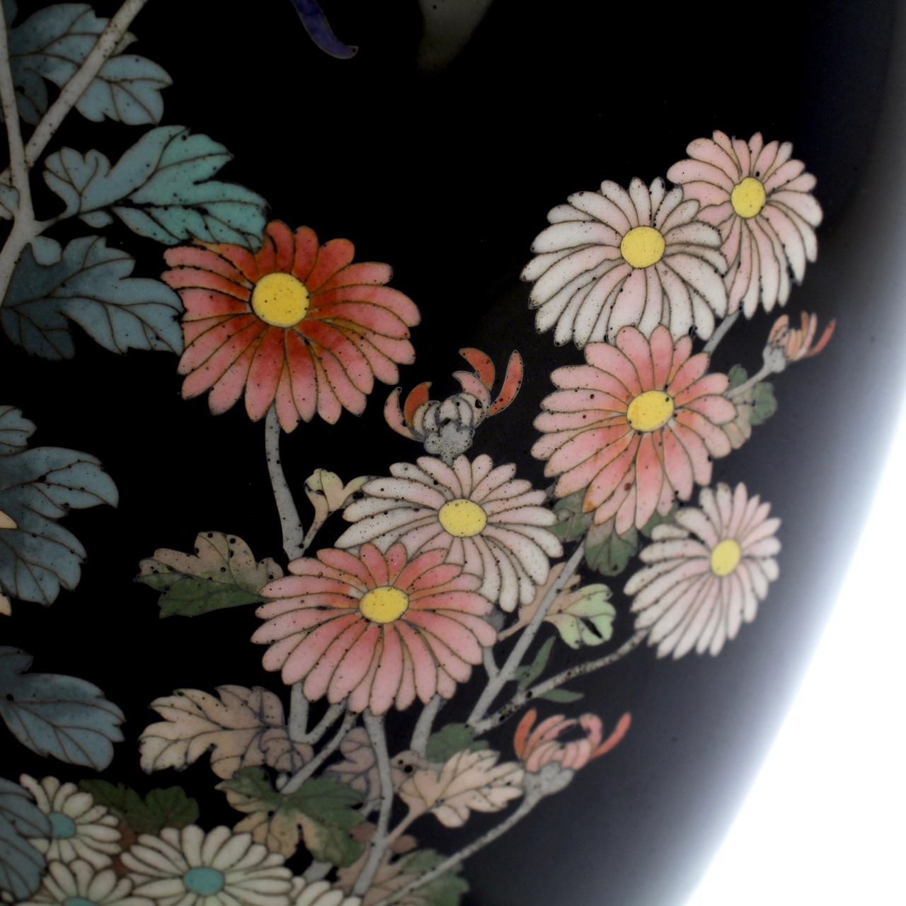 Antique Meiji Japanese Cloisonné Black Enamel Vase with Flowers and Butterflies 8