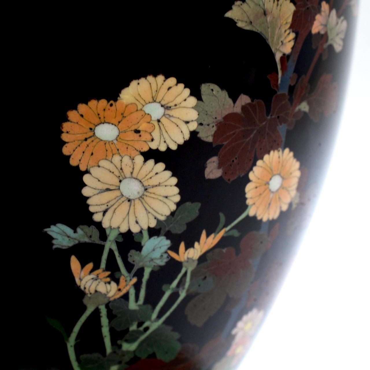 Antique Meiji Japanese Cloisonné Black Enamel Vase with Flowers and Butterflies 9
