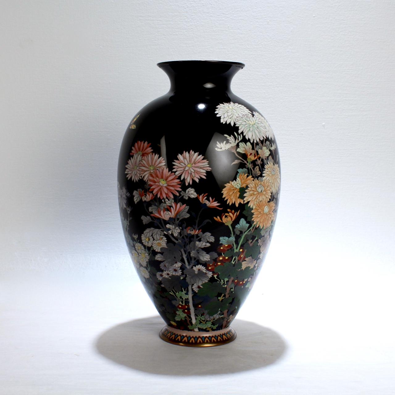 Cloissoné Antique Meiji Japanese Cloisonné Black Enamel Vase with Flowers and Butterflies