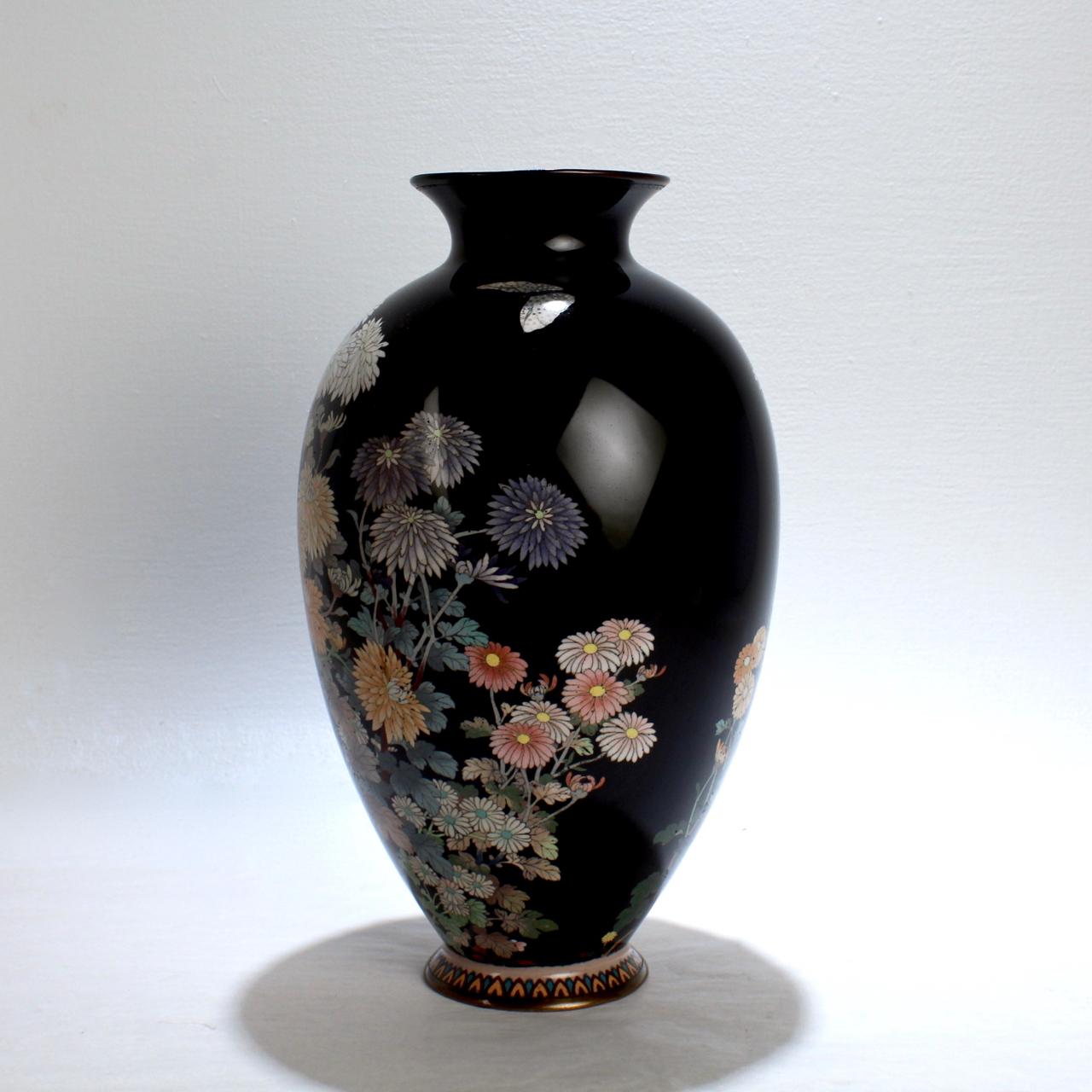 Antique Meiji Japanese Cloisonné Black Enamel Vase with Flowers and Butterflies In Good Condition In Philadelphia, PA
