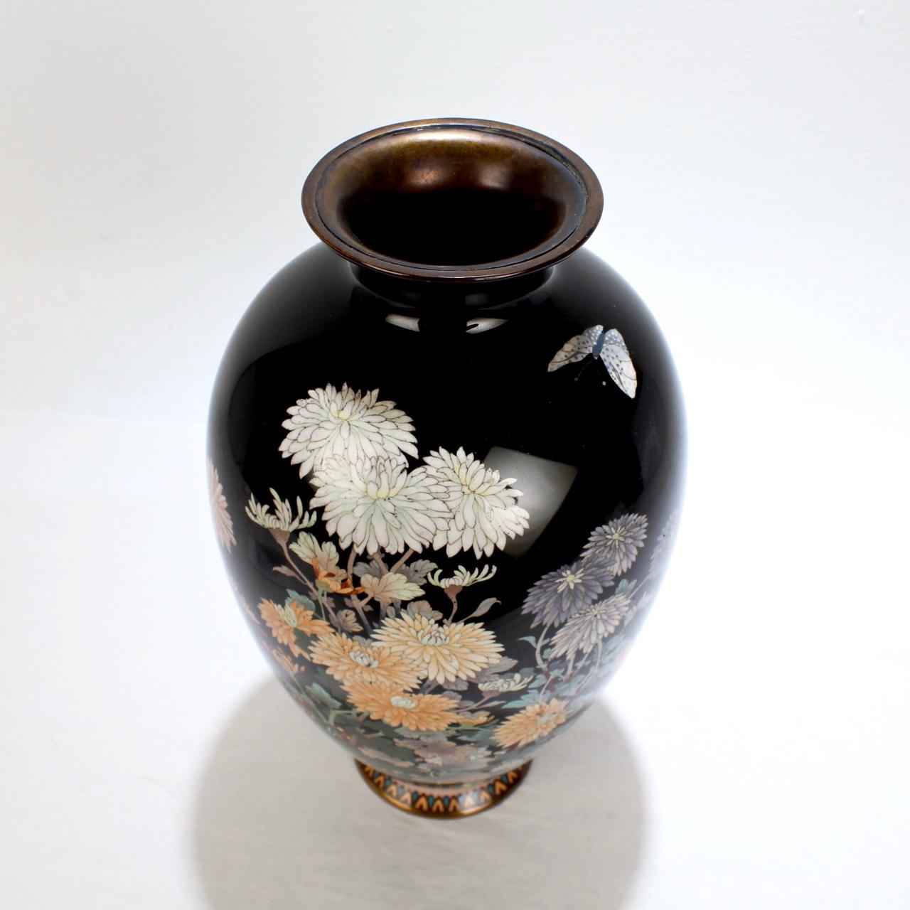 20th Century Antique Meiji Japanese Cloisonné Black Enamel Vase with Flowers and Butterflies