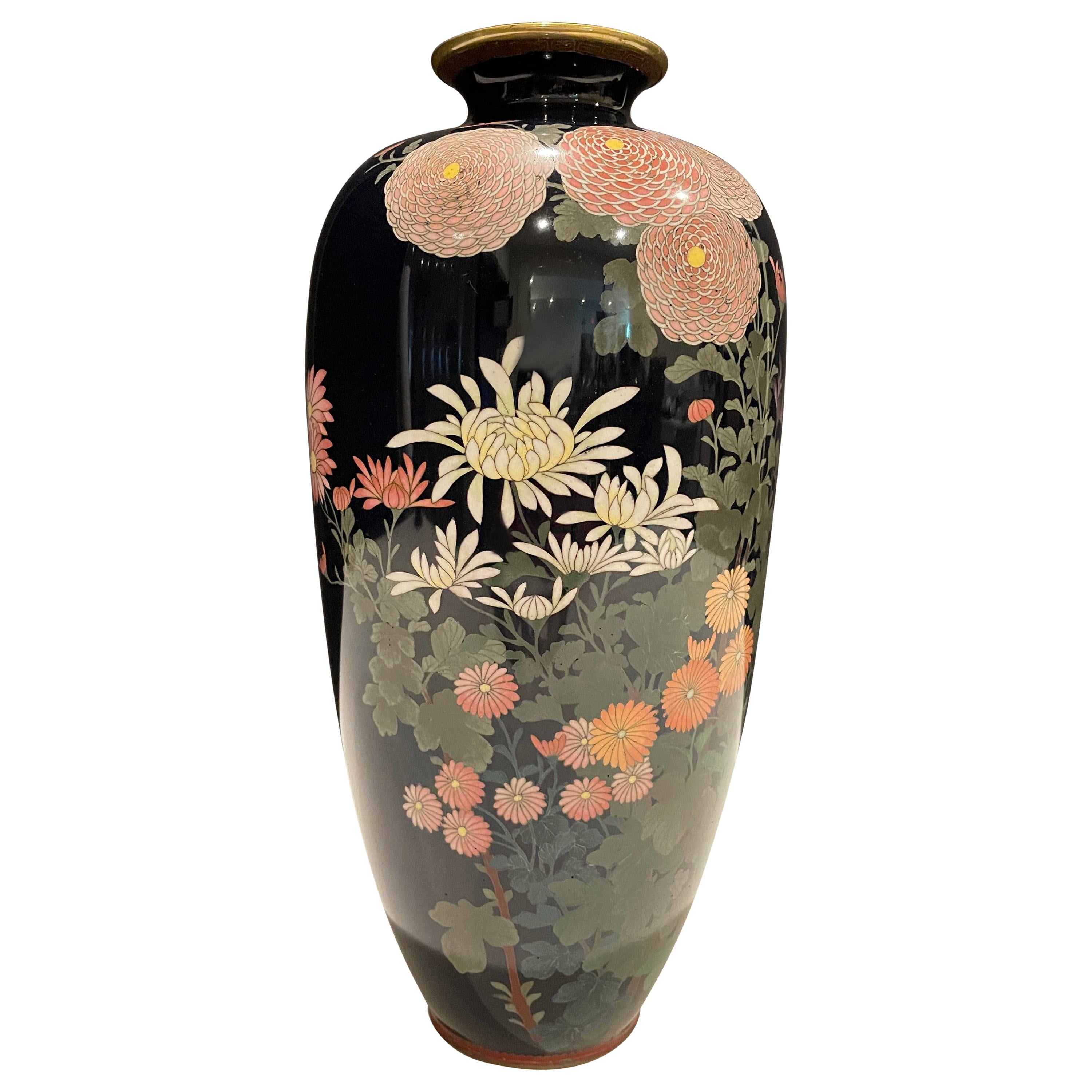 Antique Meiji Japanese Cloisonné Black Enamel Vase with Flowers at 1stDibs