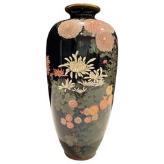 Antique Meiji Japanese Cloisonné Black Enamel Vase with Flowers