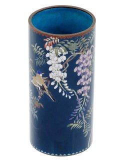 Antiquité Meiji Japanese Cloisonne Enamel Blue Vase Birds In Wisteria Tree Goto