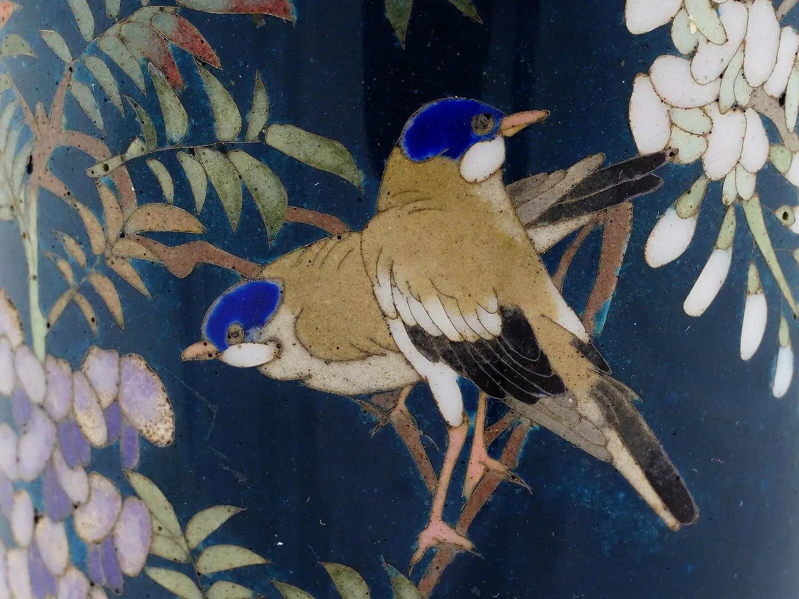 Smalto Antico vaso Meiji giapponese in smalto cloisonne blu Uccelli in un albero di glicine Goto in vendita