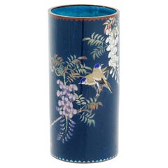 Antiquité Meiji Japanese Cloisonne Enamel Blue Vase Birds In Wisteria Tree Goto
