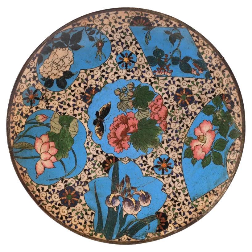 Antique Meiji Japanese Cloisonne Enamel Charger Plate Blossoming Flowers Butterf For Sale