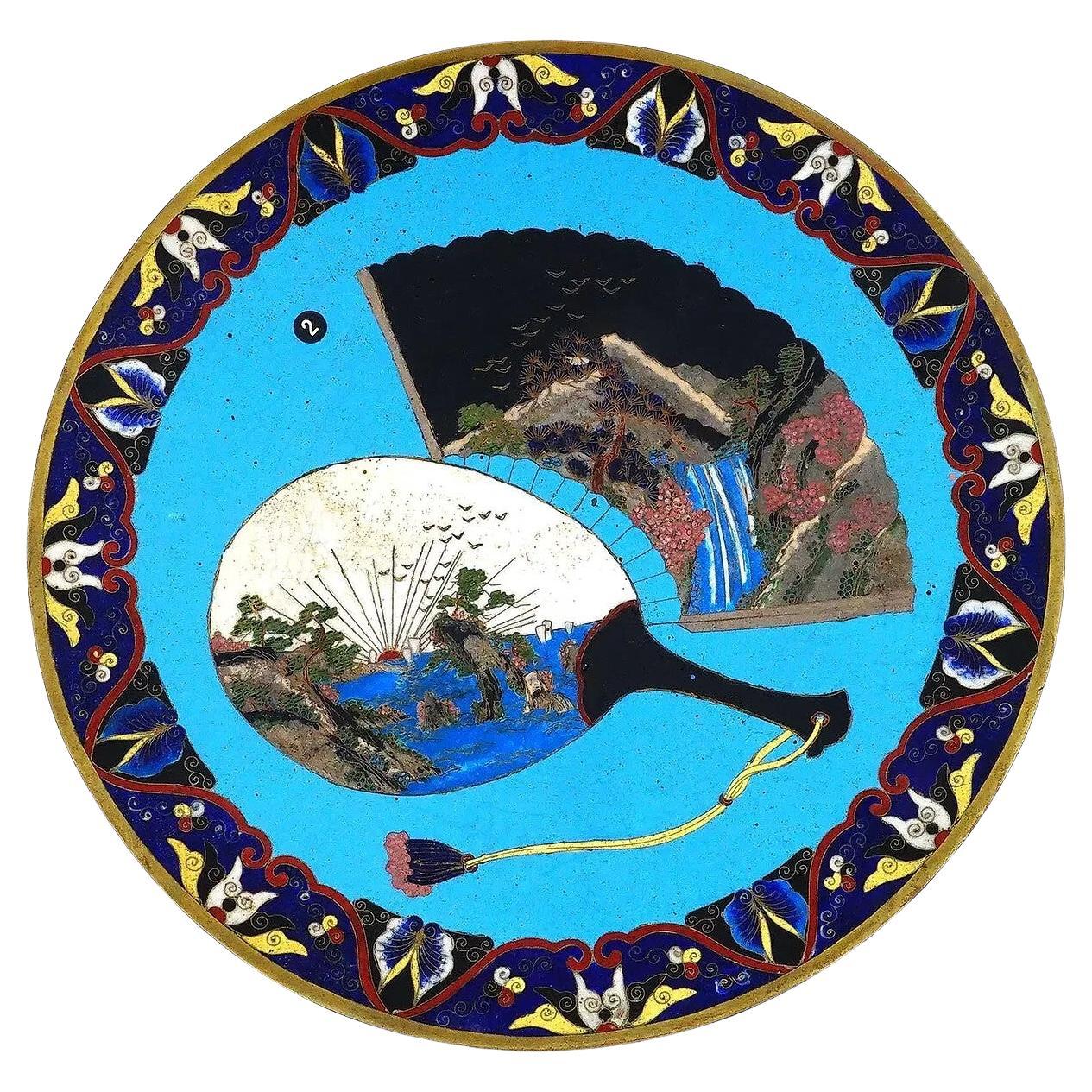 Antique Meiji Japanese Cloisonne Enamel Fan Scenic Night And Day Plate