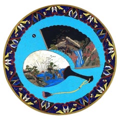 Antique Meiji Japanese Cloisonne Enamel Fan Scenic Night And Day Plate