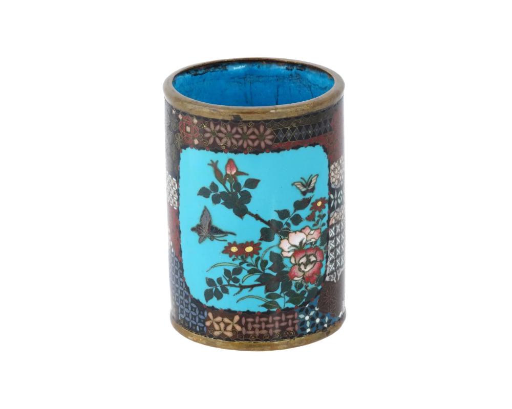 Antique Meiji Japanese Cloisonne Enamel Geometric Brush Pot Vase In Good Condition For Sale In New York, NY