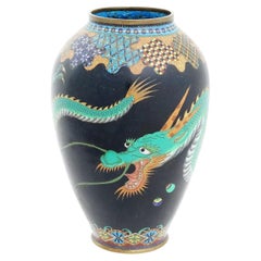 Antique Meiji Japanese Cloisonne Enamel Green Dragon Geometric Pattern Vase