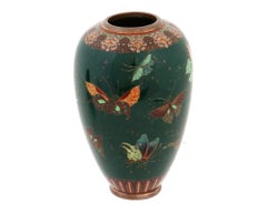 Antique Meiji Japanese Cloisonne Enamel Green Gold Stone Butterflies Vase