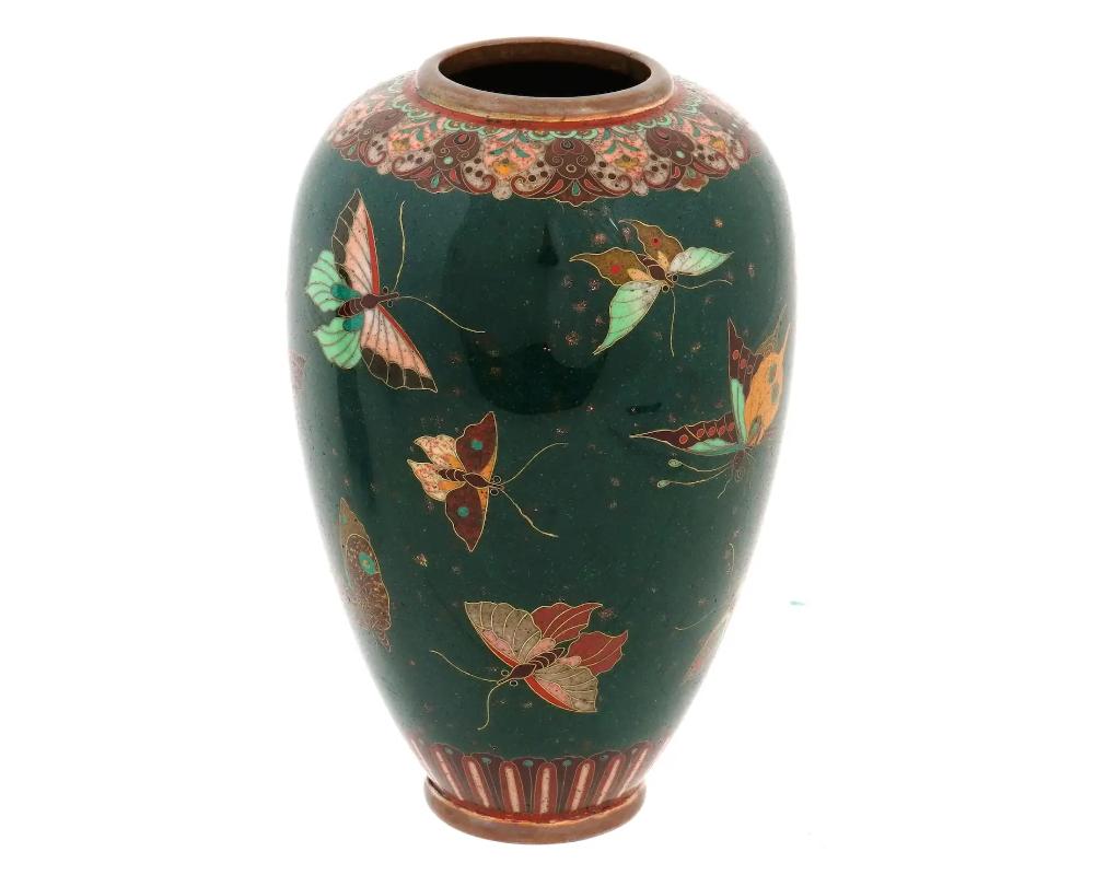 Cloissoné  Antique Meiji Japanese Cloisonne Enamel Green Gold Stone Butterflies Vase For Sale