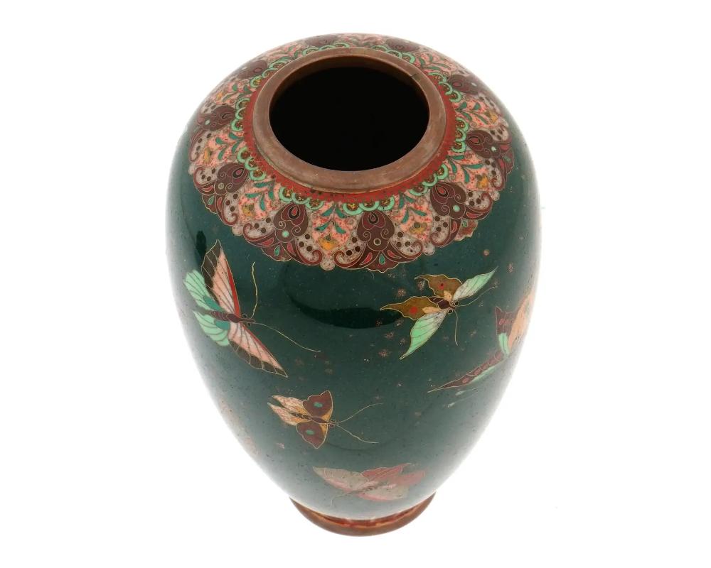  Antique Meiji Japanese Cloisonne Enamel Green Gold Stone Butterflies Vase In Good Condition For Sale In New York, NY