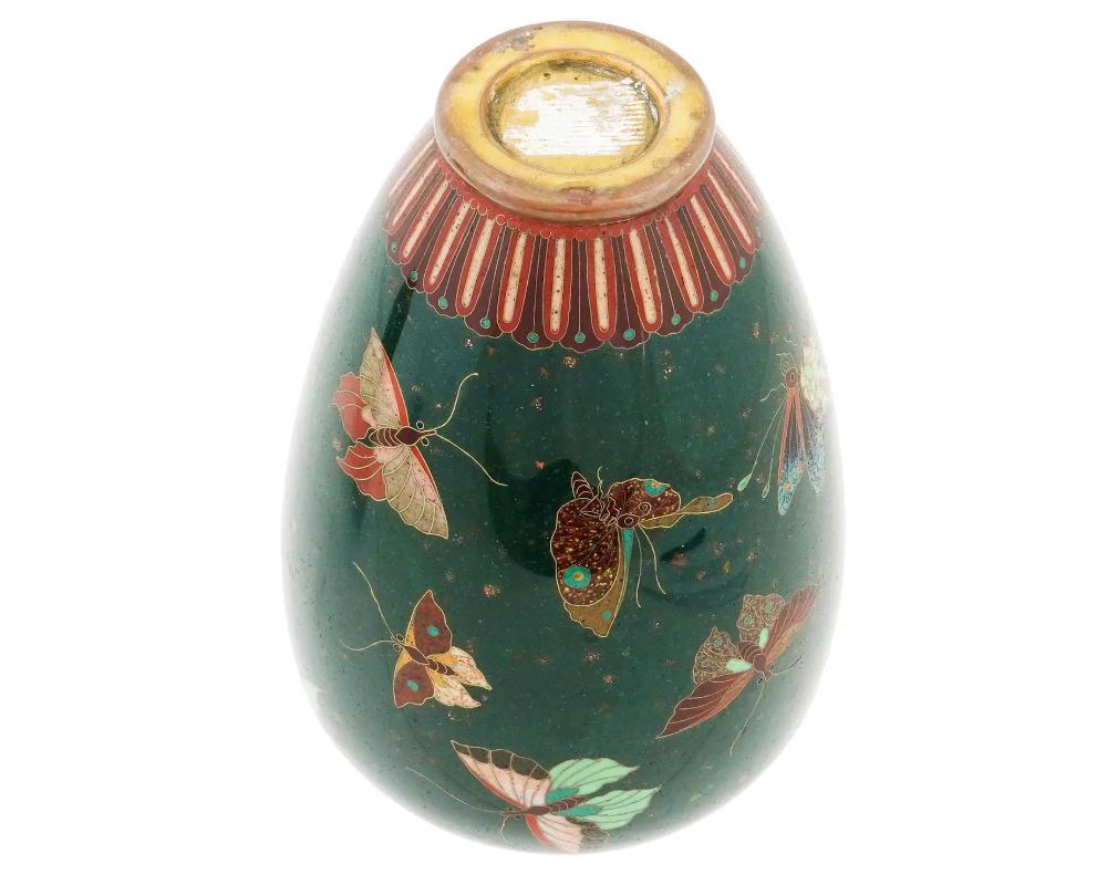 19th Century  Antique Meiji Japanese Cloisonne Enamel Green Gold Stone Butterflies Vase For Sale