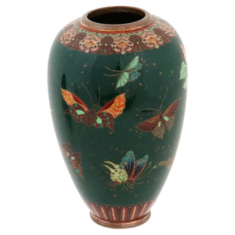  Antique Meiji Japanese Cloisonne Enamel Green Gold Stone Butterflies Vase For Sale