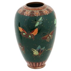  Antique Meiji Japanese Cloisonne Enamel Green Gold Stone Butterflies Vase