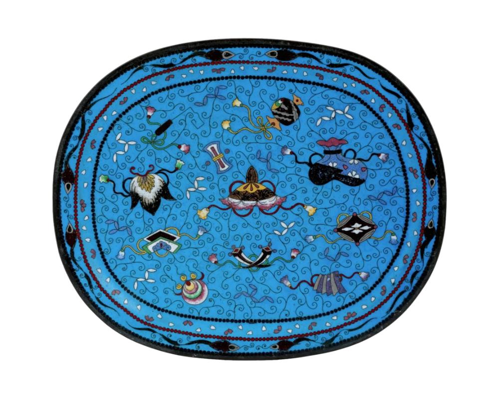 An antique Japanese copper serving trays with polychrome cloisonne enamel design. Meiji period, Circa 1890 Oval shape. Floral and geometrical ornaments against turquoise blue background. Collectible Oriental Decor For Interior Design,