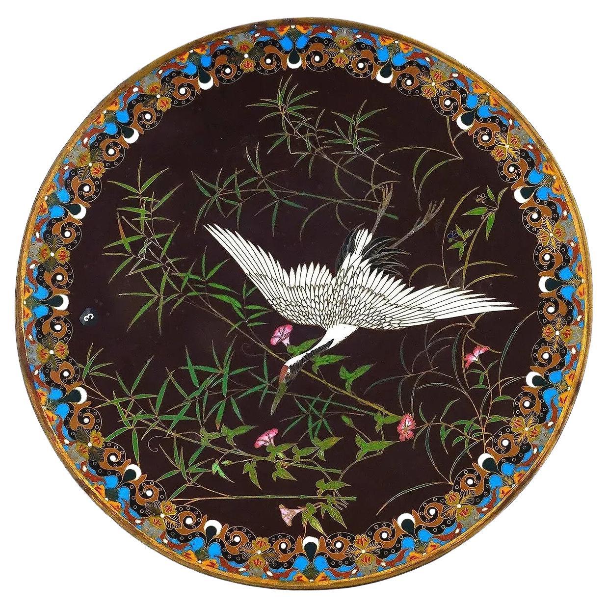 Antique Meiji Japanese Cloisonne Enamel Maroon Ground Plate With Crane In Bamboo