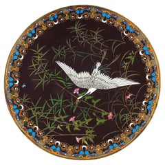 Antique Meiji Japanese Cloisonne Enamel Maroon Ground Plate With Crane In Bamboo