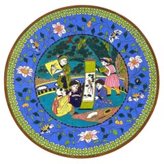Antique Meiji Japanese Cloisonne Enamel Pink And Purple Plate With Children