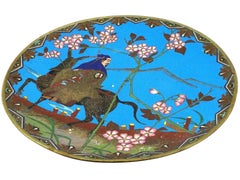 Antique Meiji Japanese Cloisonne Enamel Plate Depicting A Rider Cherry Blossom