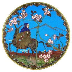 Antique Meiji Japanese Cloisonne Enamel Plate Depicting A Rider Cherry Blossom