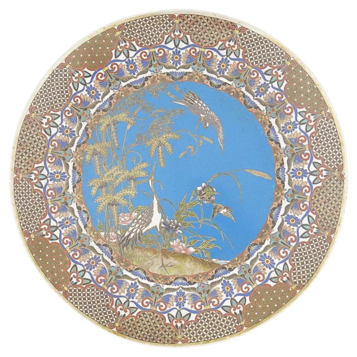 Antique Meiji Japanese Cloisonne Enamel Plate with Cranes, Birds and Geometric