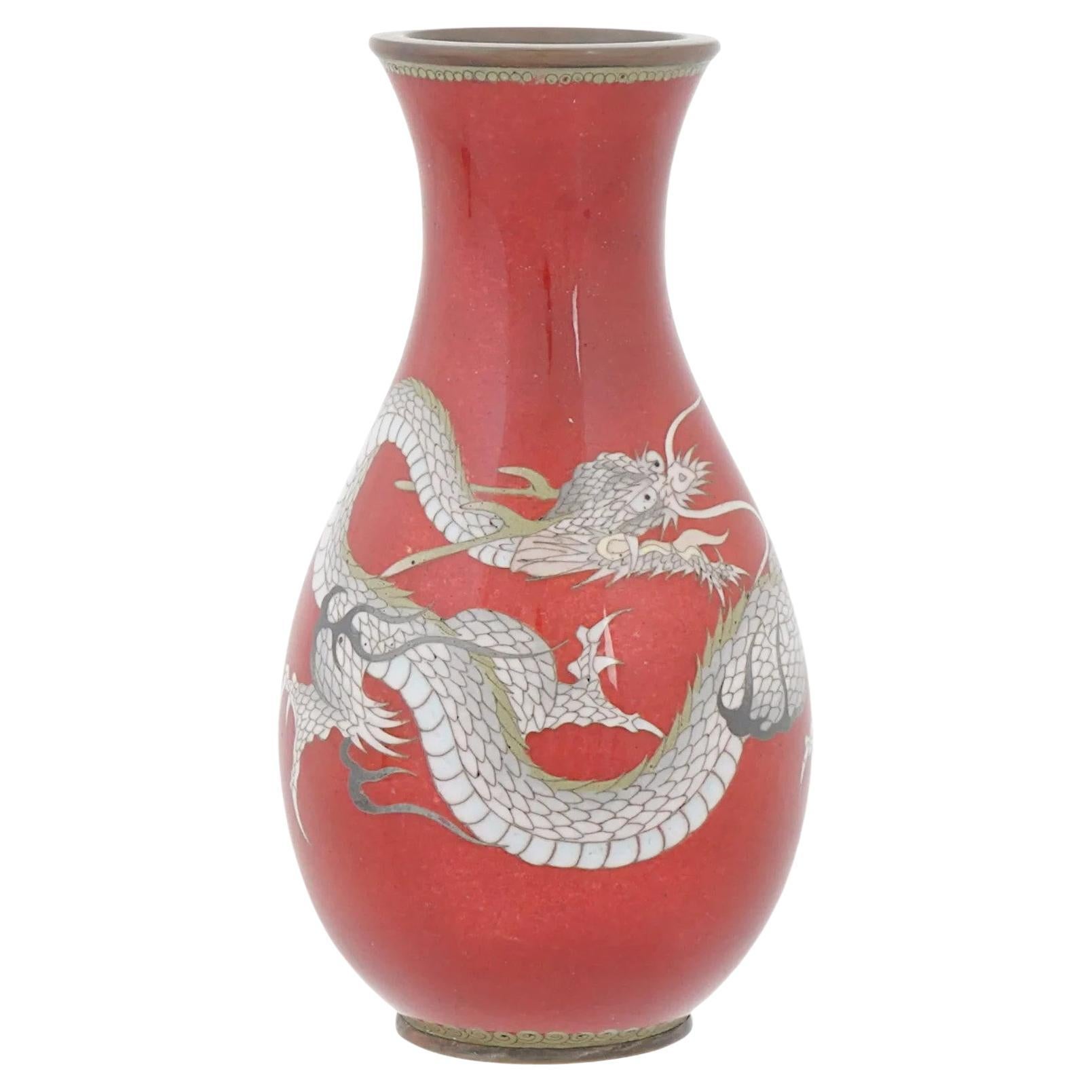 Antique Meiji Japanese Cloisonne Enamel Red Translucent Dragon Vase