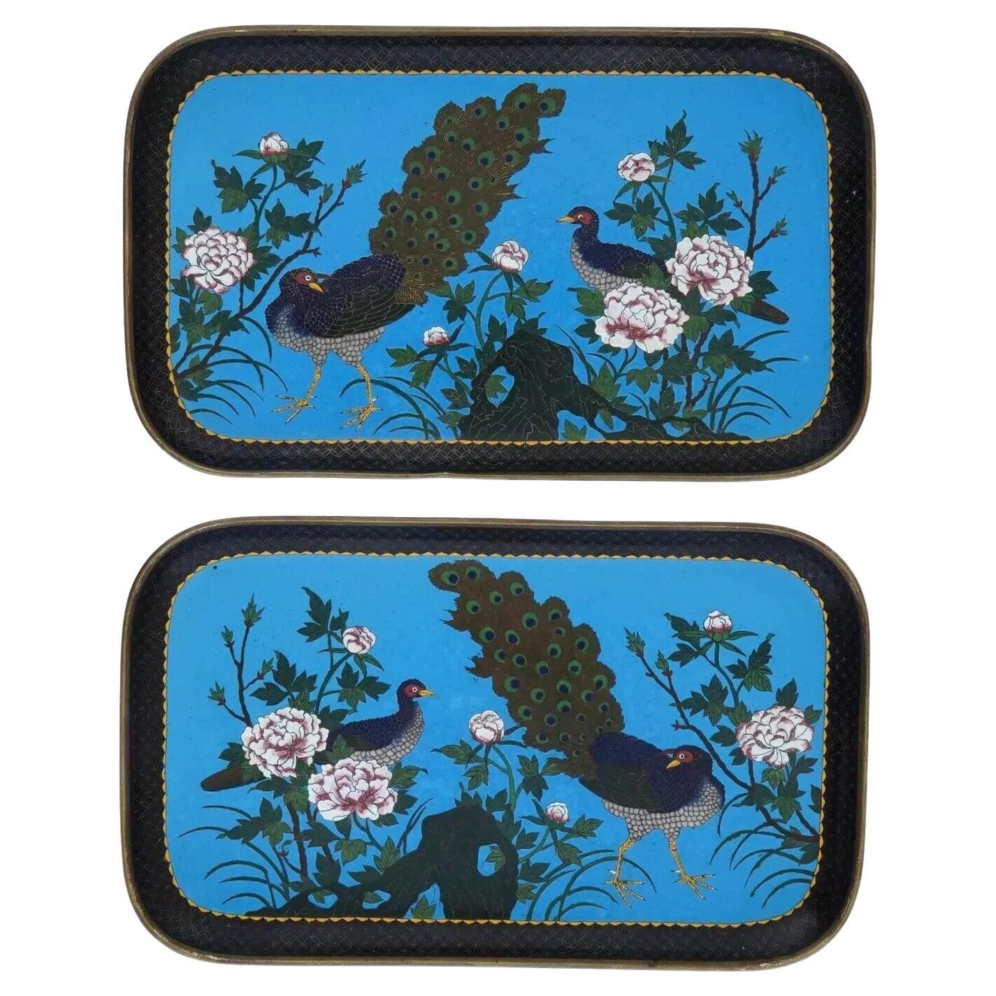 Antique Meiji Japanese Cloisonne Enamel Serving Trays With Peacocks